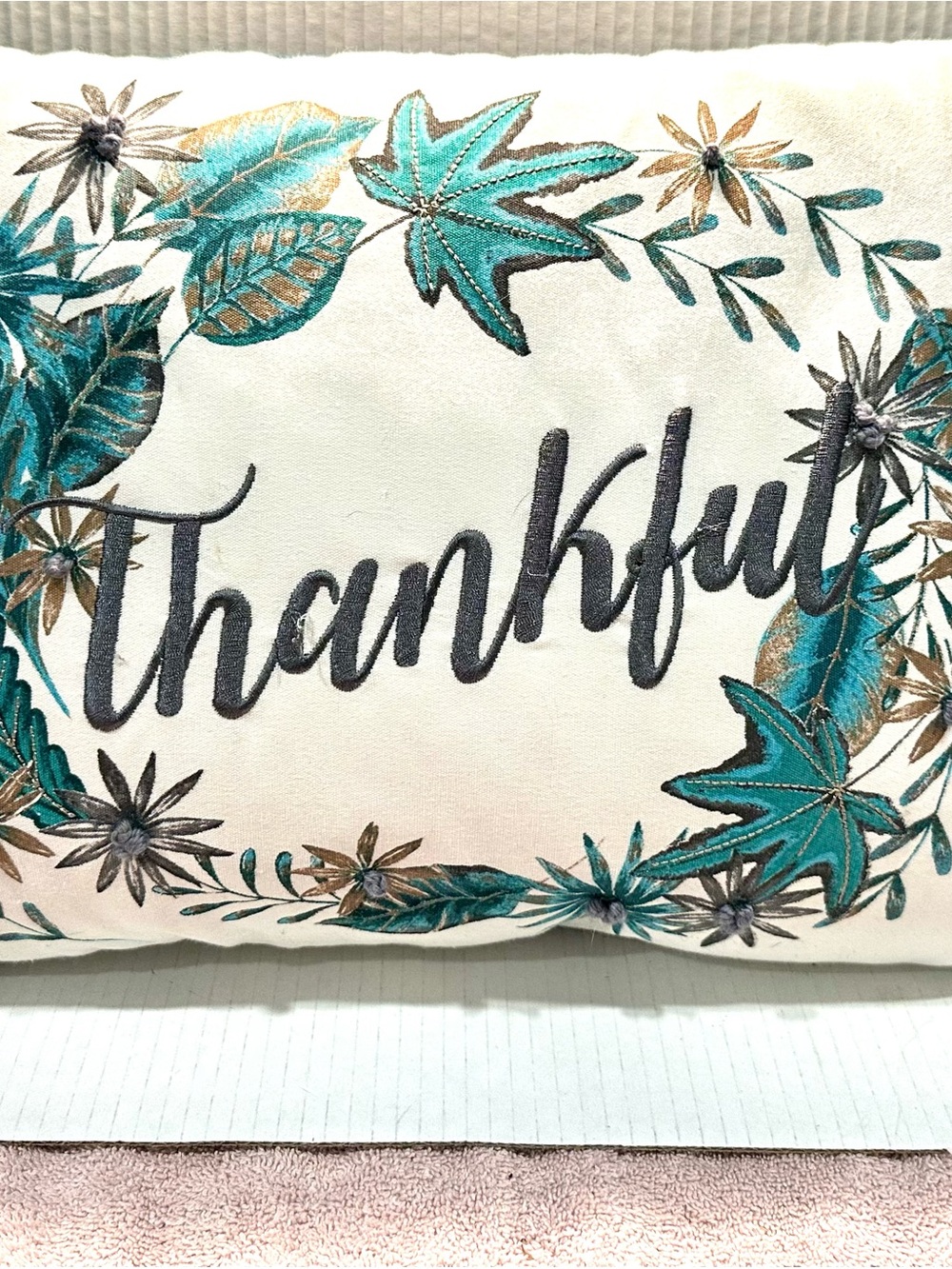 Thankful” Embroidered Decorative Pillow - Teal & Gold Leaf Design 14x24